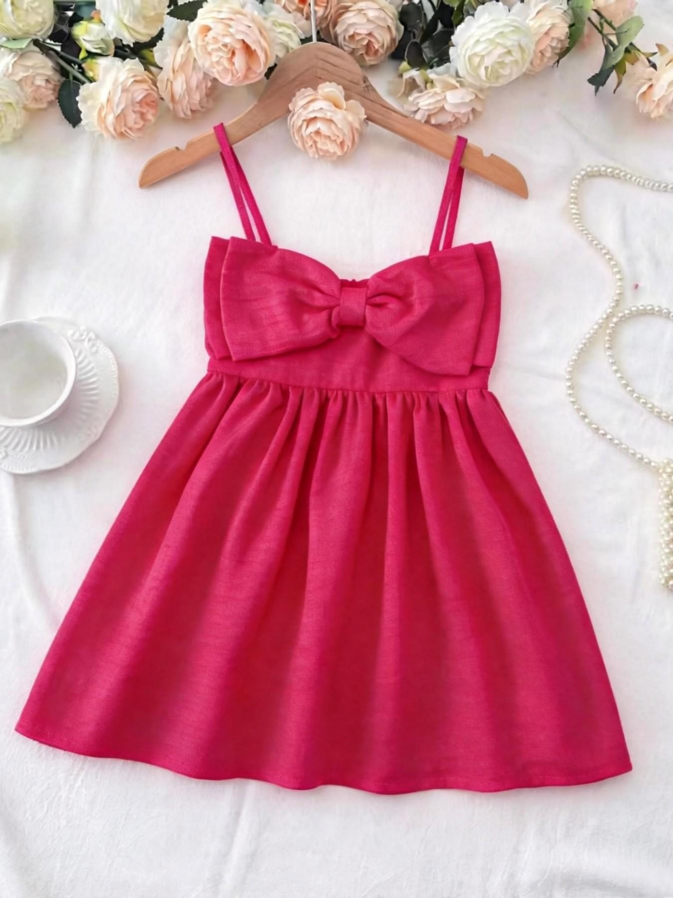 Girls' Summer Sleeveless Dress, Front Embellished with Large Butterfly Knot, Thin Shoulder Straps Design, Sweet Fresh Style, Suitable for Ages 3-8