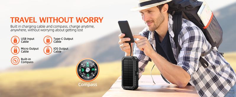 40,000mAh Solar Power Bank with Hand Crank & 4 Cables, Dual USB/Type-C Fast Charging, Bright LED Light, Built-in Compass & Leveler - Portable Solar Charger for Phones, Camping, Travel, Outdoor Emergencies