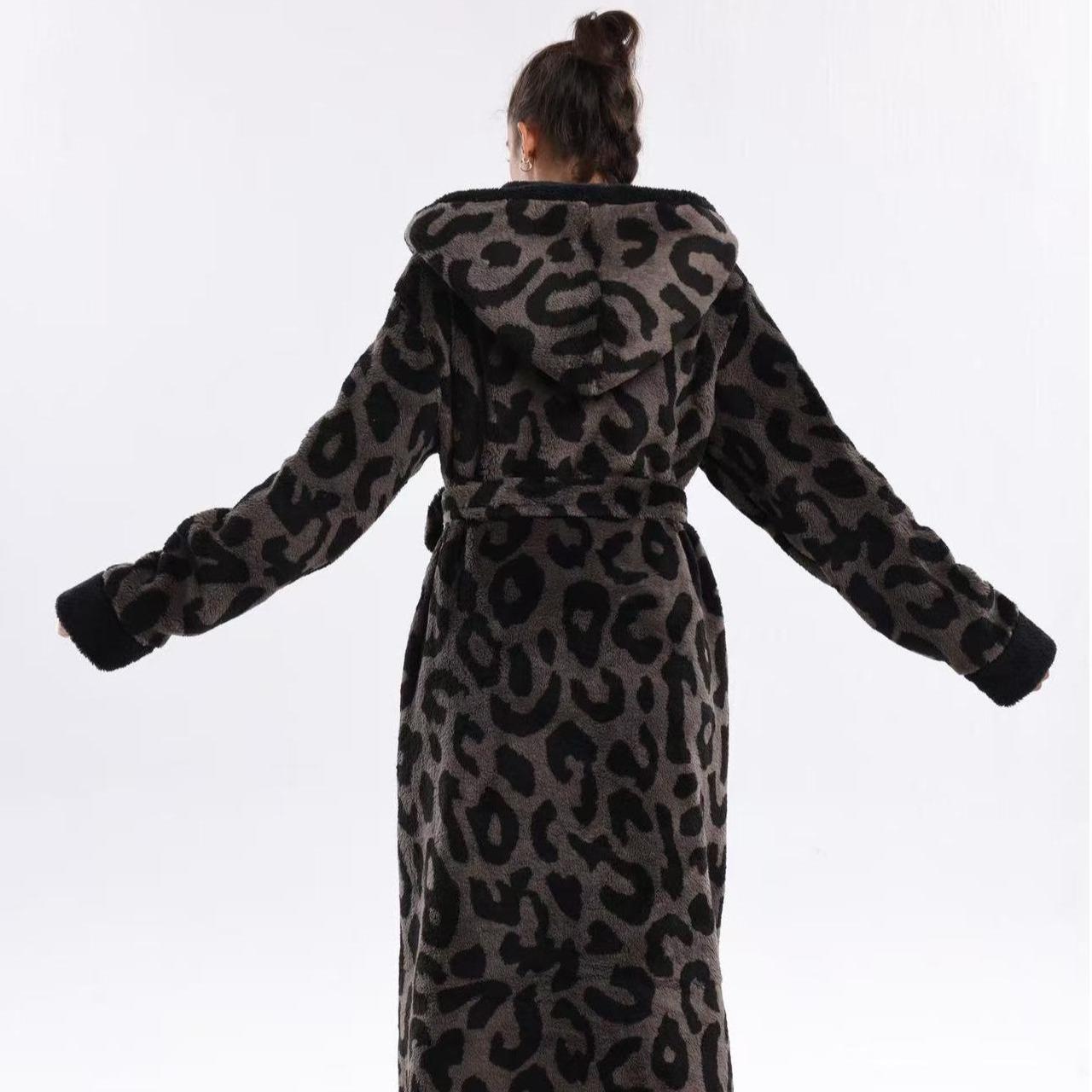 European Elegant Coffee Leopard Print Flannel Bathrobe Loungewear Nightwear, Hooded with Belt and Pockets, Unisex Fit, Soft and Comfortable