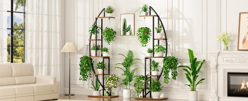 2 Pcs Plant Stand Indoor with Grow Lights, 6 Tiered Tall Plant Shelf, 63" Metal Plant Stand for Indoor Plants Multiple, Half-Moon Plant Rack Display Shelf, Plant Holder for Living Room, Patio
