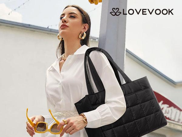 【Valentine's Day Gift】LOVEVOOK Quilted Colorblock Tote Bag for Women – Lightweight Padded Handbag , Large Everyday Work & Travel Tote, Fits Laptop/Tablet, Water Bottle Pocket, Comfortable Shoulder Handles, Stylish Commuter Purse TikTokShopJumpstartSale