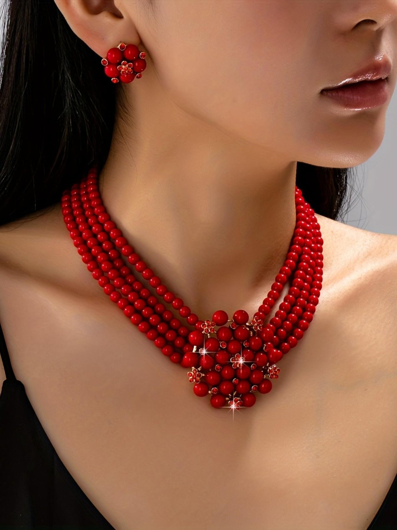 3-Piece Luxury Vintage French Style Multi-Layer Imitation Pearl Necklace Earrings Set, Perfect for Women's Evening Weddings Parties