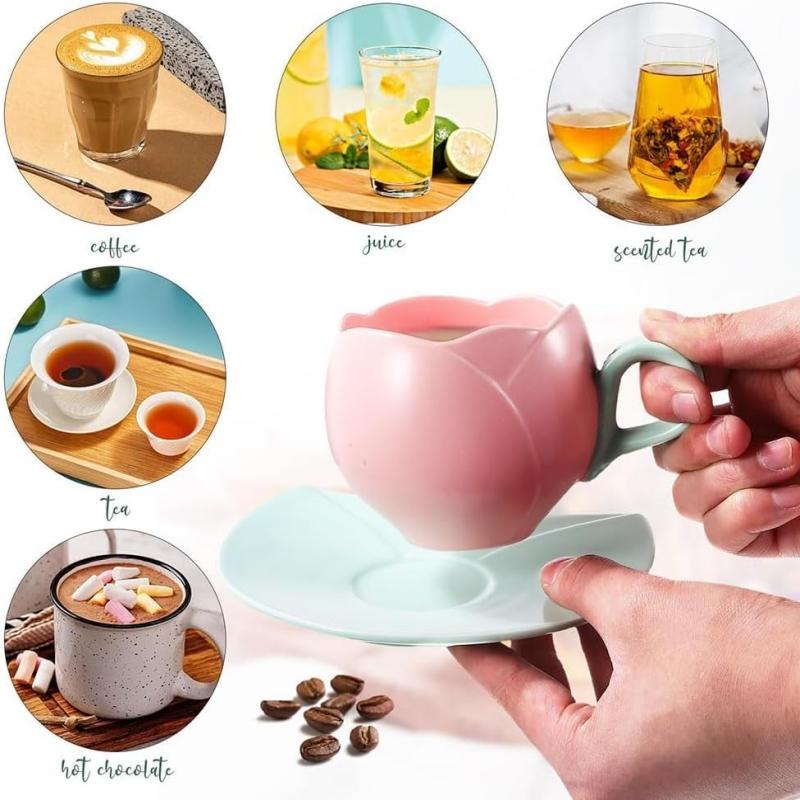 1 Count Ceramic Tulip Coffee Mug with Saucer Set, Shape Cup, Cute Mug Set, Latte Mugs for Tea Coffee Milk for Home Office Aesthetic 🌸Multi-use Cup and Saucer  Designer Coffee Mug ☕  🥐 🍰