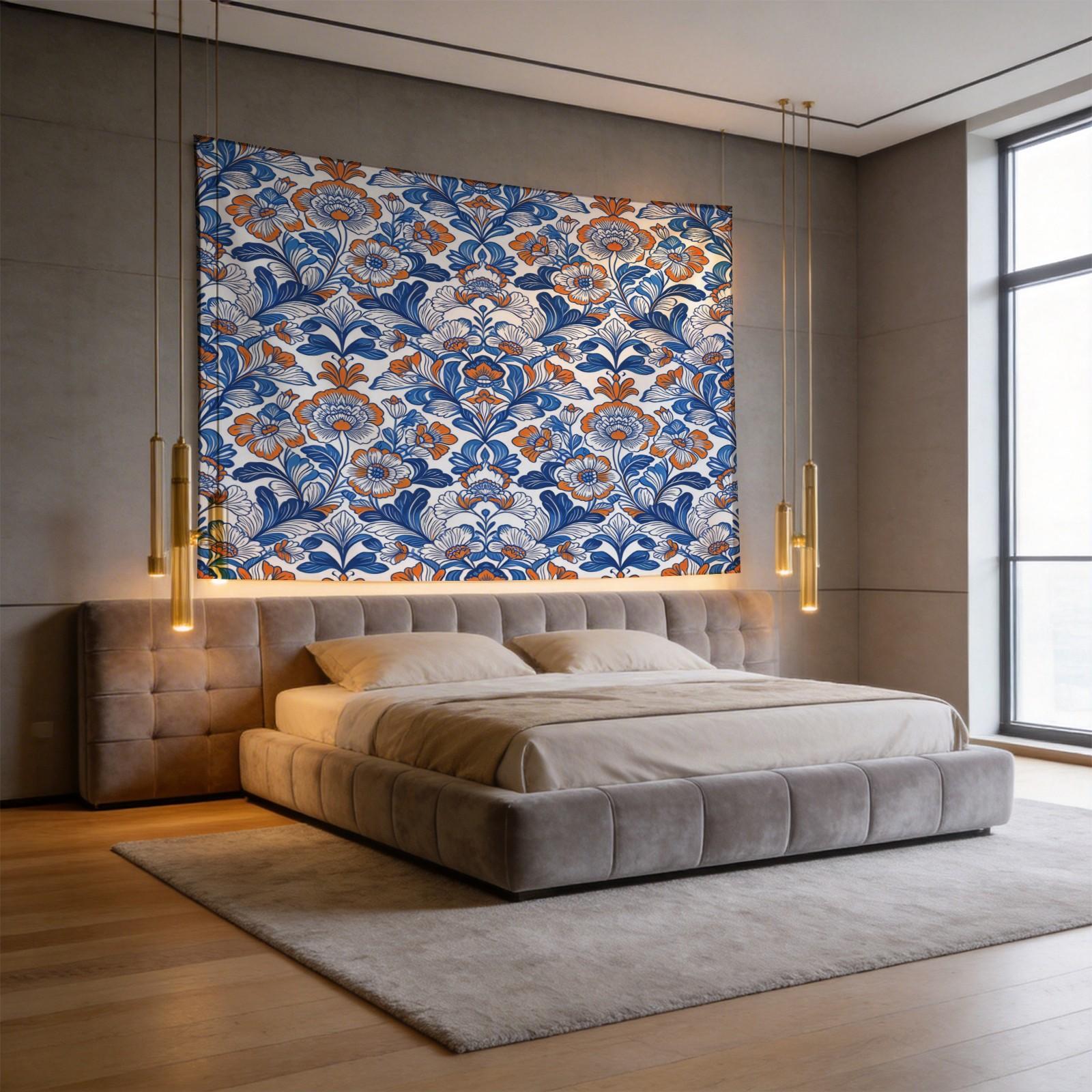 1 Piece Bohemian Blue Orange Floral Tapestry, HD Digital Printed Wall Hanging Tapestries, Aesthetic Boho Tapestry for Living Room Bedroom Dorm Home Decor