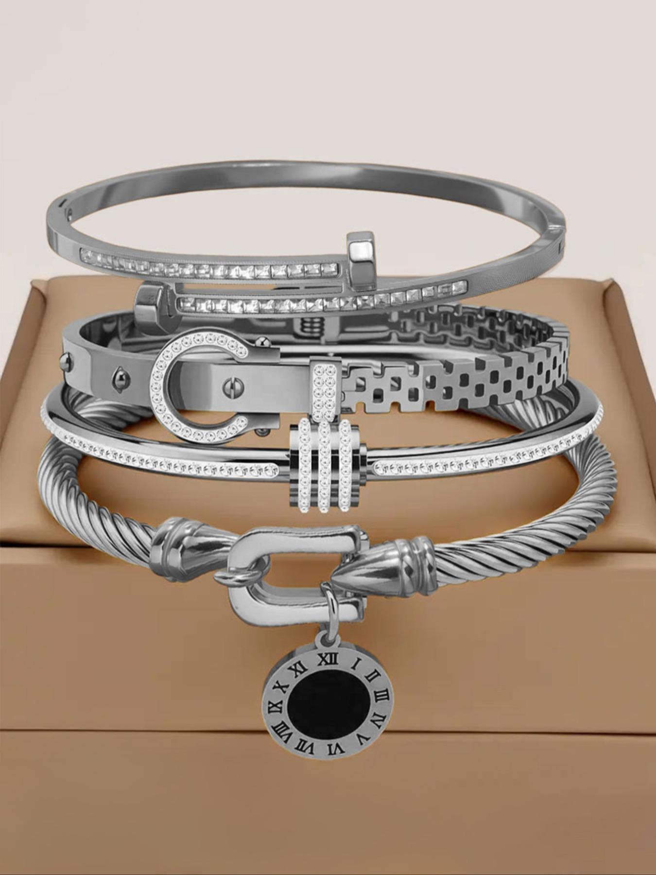 4-Piece Luxury Stainless Steel High Quality Bracelet Set, Women's Gold-plated Rhinestone Decorative Stackable Bracelets, Classic Wrist Accessory, Perfect Exquisite Holiday Gift