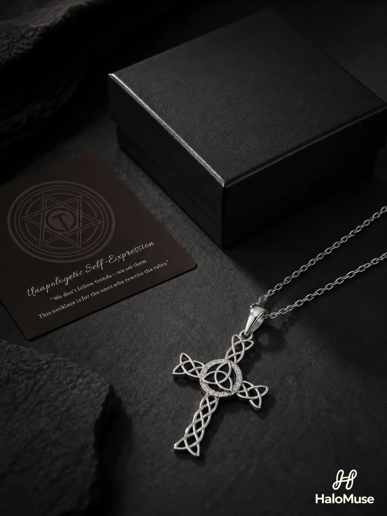 Halo Muse 1 Celtic Trinity Cross Necklace Gift Set with Black Box and Card, Vintage Silver-Tone Knot Pendant with Black Detail and CZ Accents, Unisex Jewelry for Daily Wear and Holiday Gifts