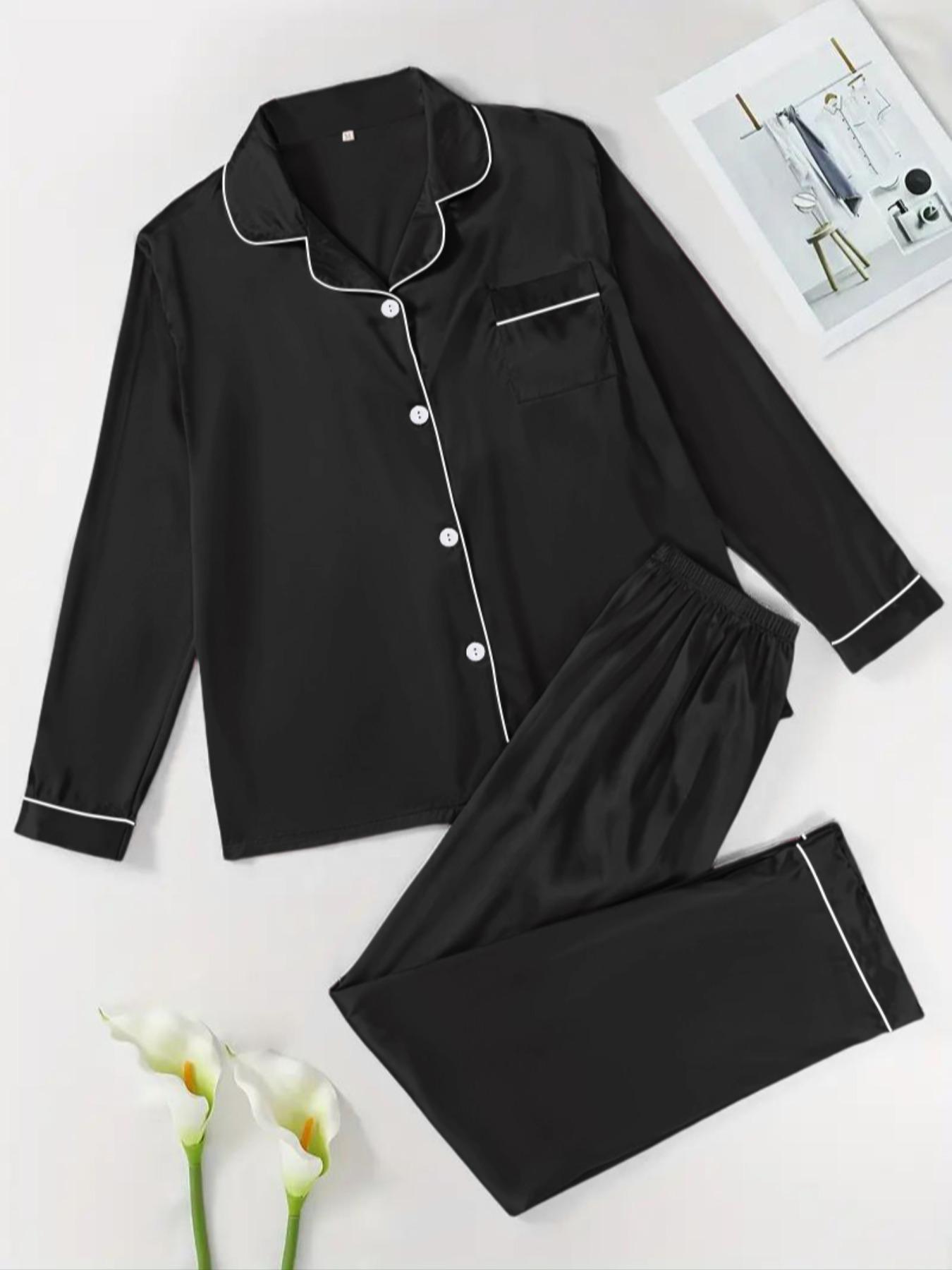【Valentine's Day】Two-Piece Set Women's Solid Contrast Binding Satin Pyjamas, Pajamas, Long Sleeve Lapel Button Front Shirt & Elastic Waist Pants PJ Set, Casual Comfortable Sleepwear Set for Women