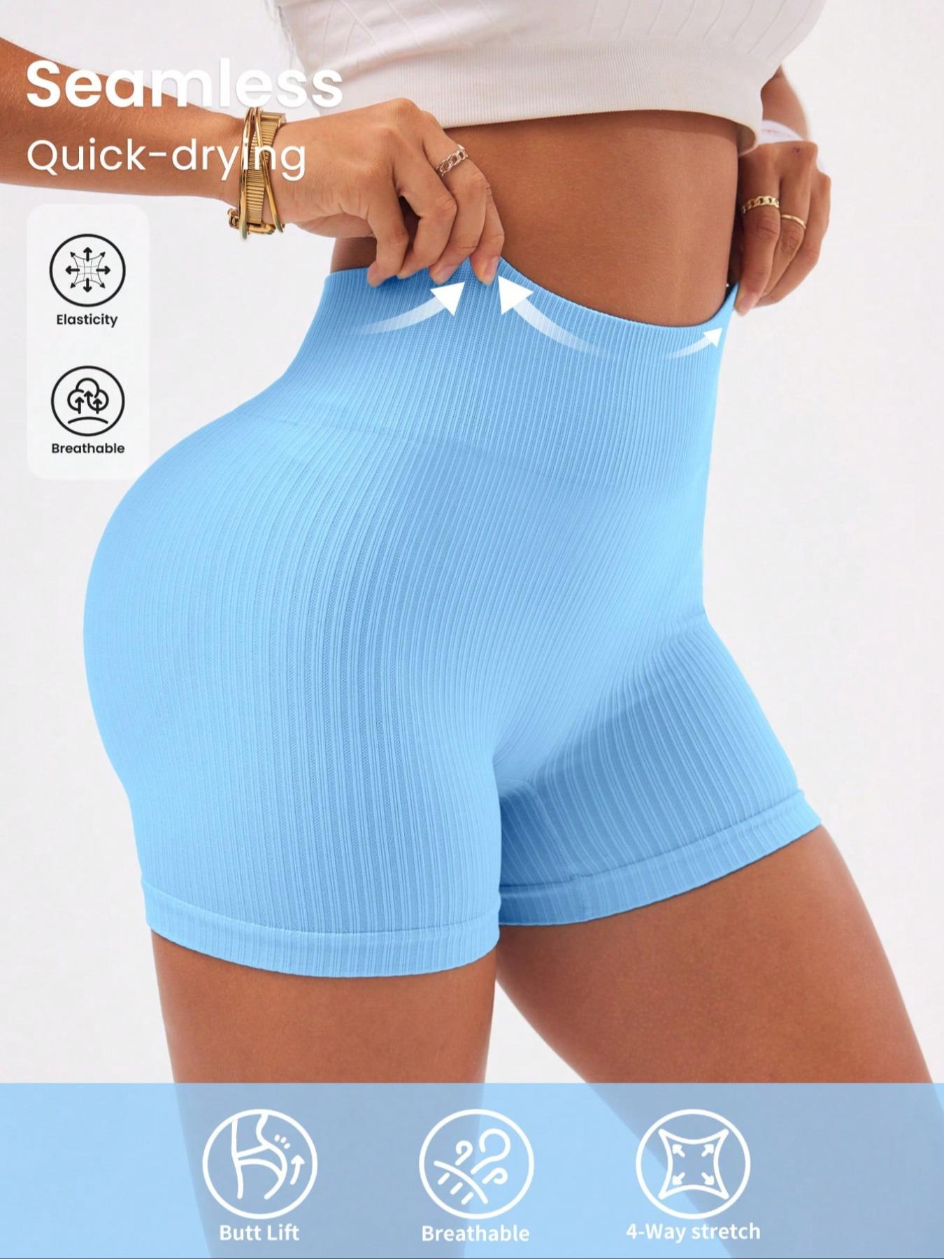 Women's Solid Ribbed Sports Shorts, High Stretch Shorts, High Waist Tummy Control Butt Lift Training Shorts, Ladies Sportswear for Indoor Outdoor Wear