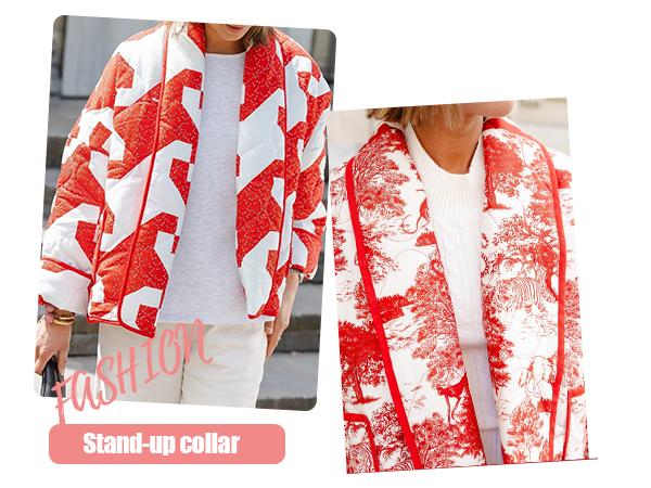 Women's Cropped Puffer Jacket Lightweight Floral Printed Open Front Quilted Coat Winter Warm Outwear