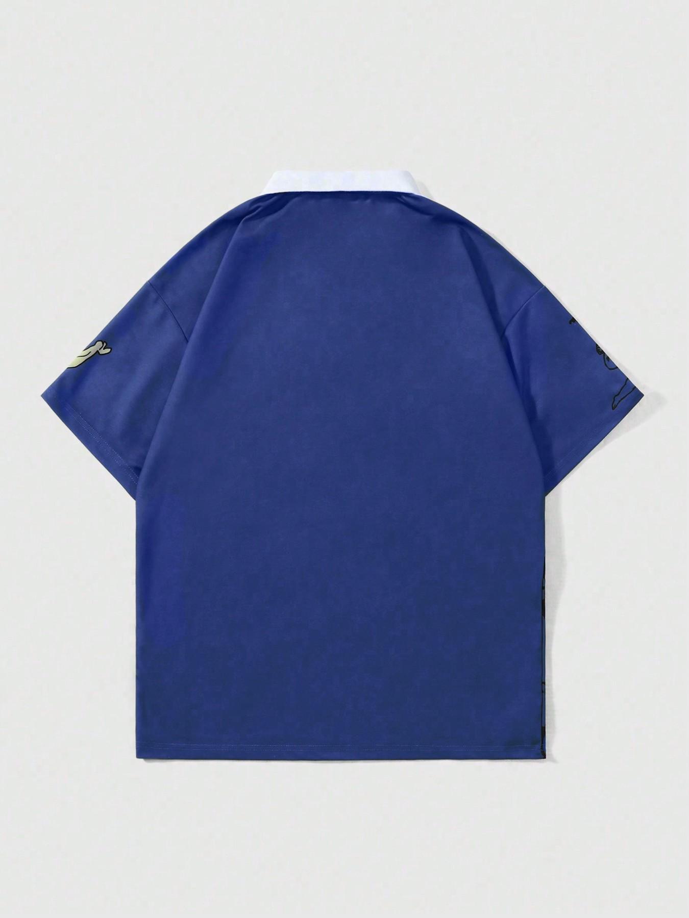 Men's Blue Religious Graphic Polo Shirt, Contrast Collar Short Sleeve Tee For Streetwear