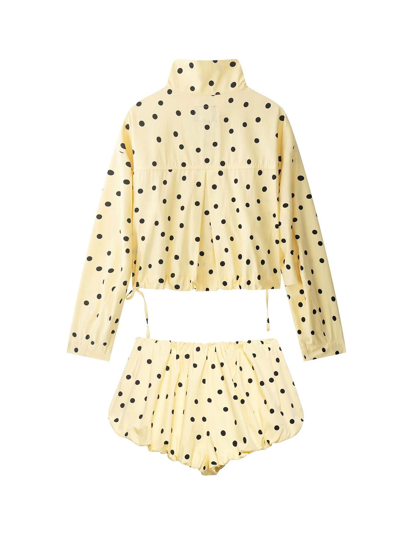 Women's Spring Summer Fashion Polka Dot Print Shorts Set, Long Sleeve Button Front Shirt Jacket, Elastic Waist Balloon Pants, Elegant Casual