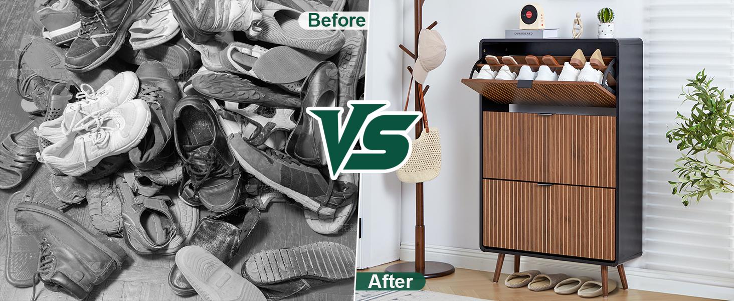 Giratree Modern Mid-Century Wooden Shoe Cabinet, Fluted Design with 2 or 3 Drawers, Stylish Storage Organizer for Entryway, Hallway, or Living Room