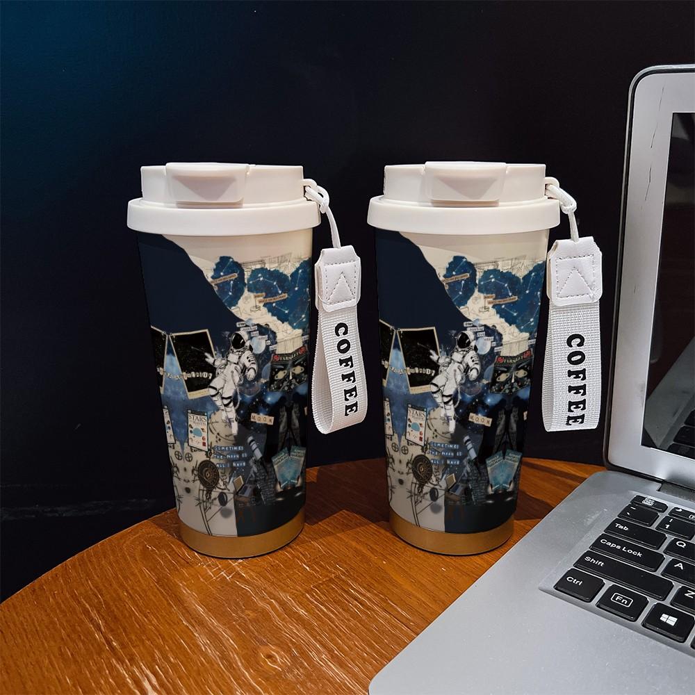 Abstract Astronaut Texture Coffee Cup, Portable Dual Drink Insulated Tumbler, Keeps Hot/cold, Boho Style, Ideal for Office, Travel, Sports
