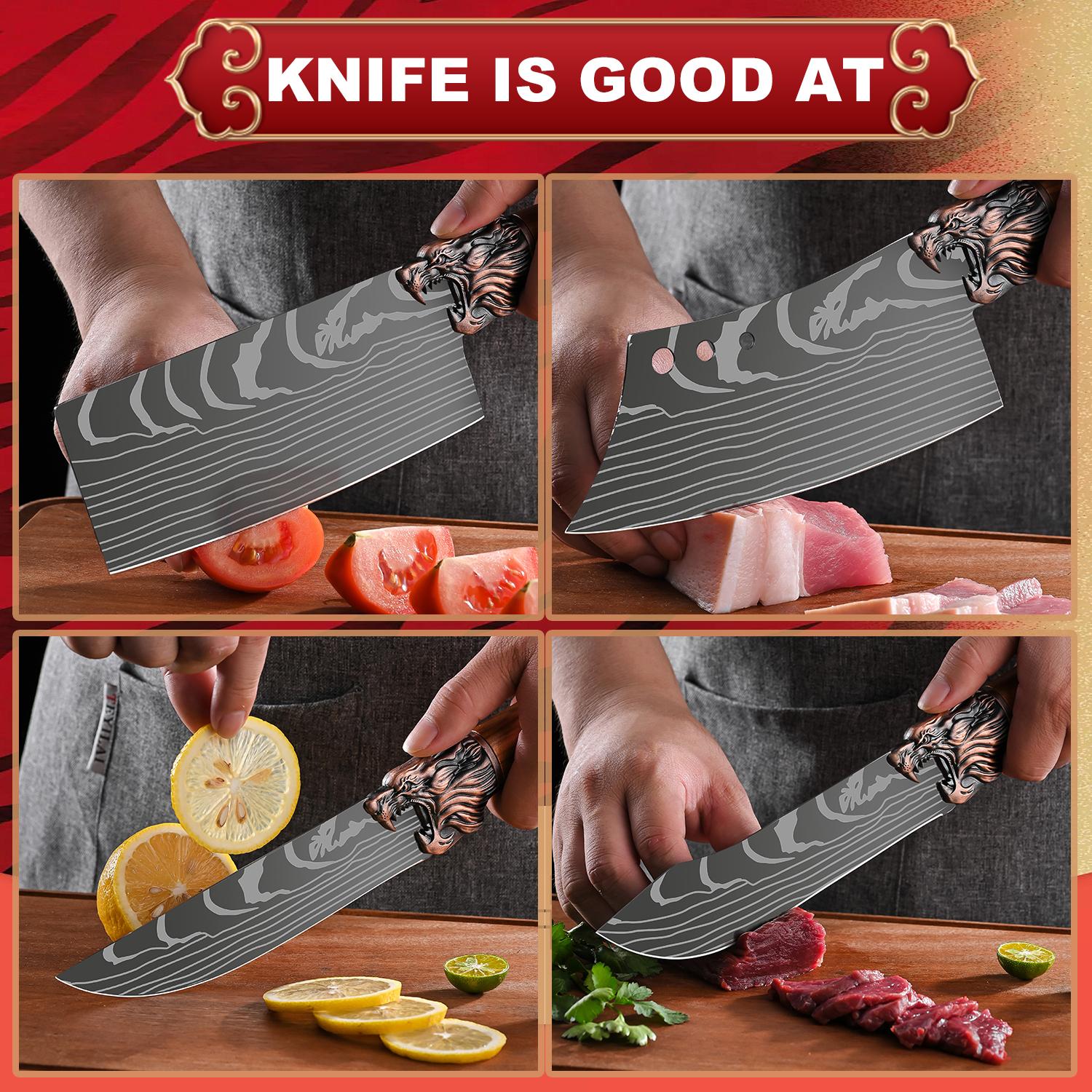Multifunctional kitchen knife set, 7 different shapes of multi-purpose knives and 1 sharp kitchen scissors, suitable for home kitchen, restaurant back kitchen cutting meat, deboning, cutting sashimi, chopping bones