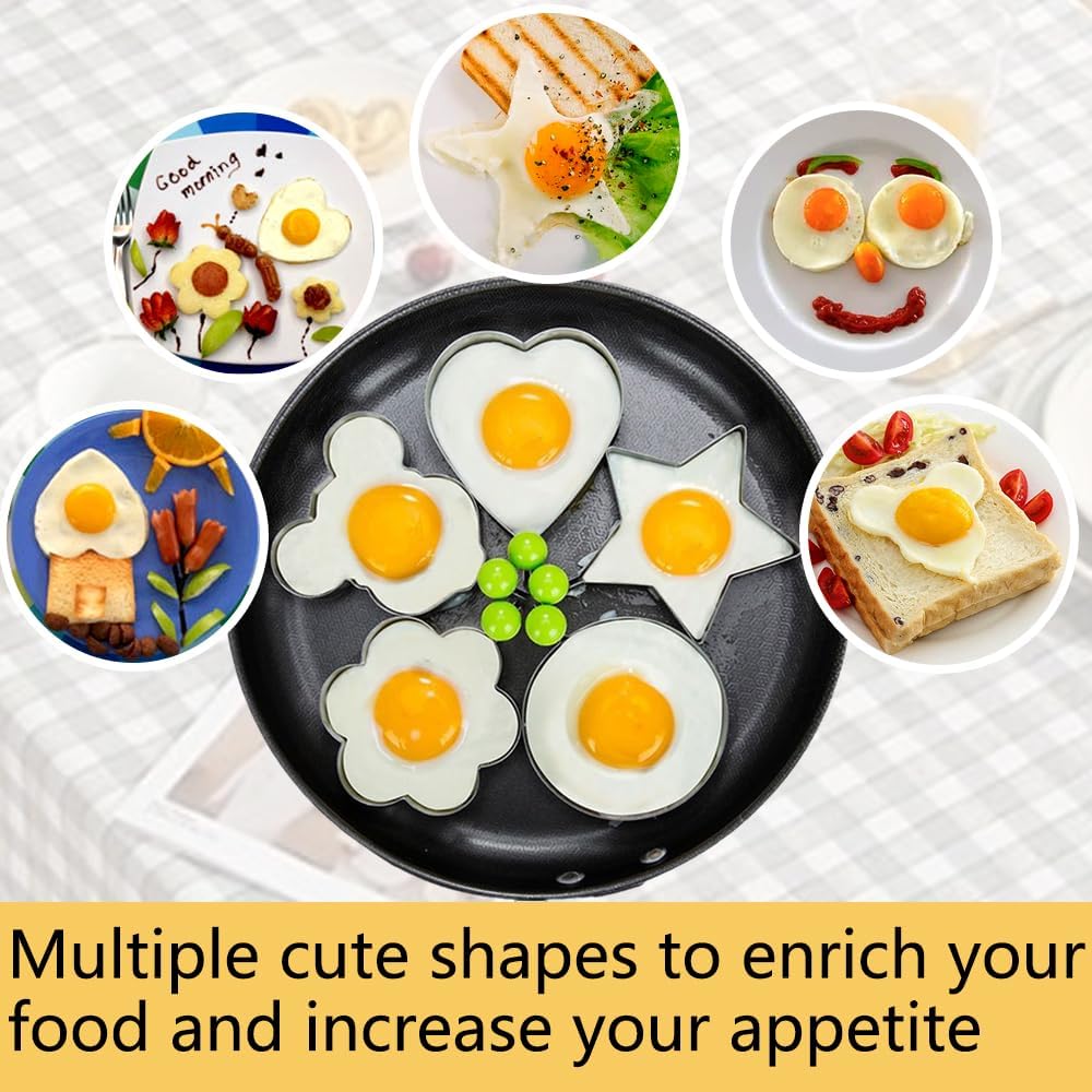 5-Piece Egg Molds,Egg and Pancake Mold Set, Egg Ring Mold, Suitable for Cooking and Frying Pancakes, Bread, and Chocolate. Fun Designs, Comfortable Handles, and Non-Slip Design.