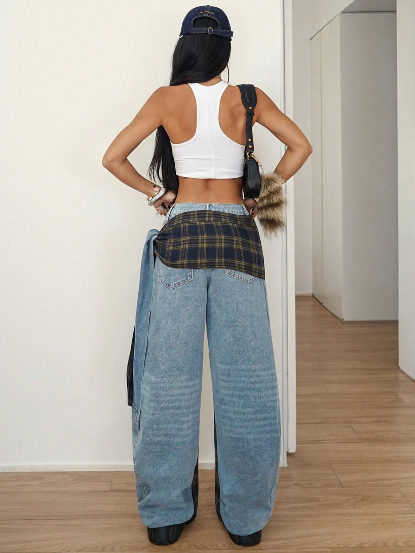 Women's Patchwork Plaid Side Tie Wide Leg Jeans, Fashionable Comfort Design, Perfect for Daily Wear, Trendy Stylish Accent, Casual Loose Jeans