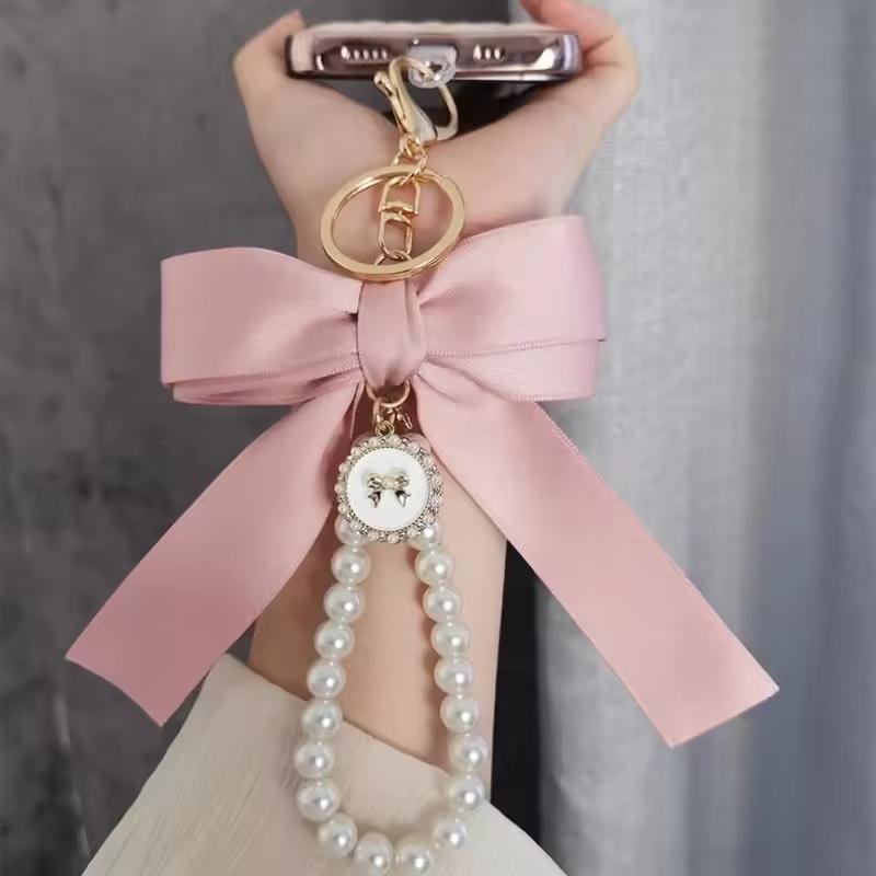 Creative Bow, Pearl Chain Keychain, Women's Fashion Bag Pendant, Car Keychain, Phone case chain, Personalized Ribbon Necktie, Fashionable Alloy Keychain