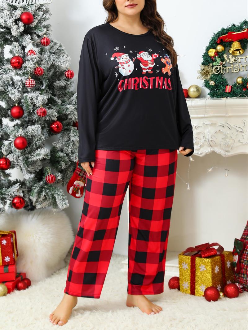 Plus Size Women's Christmas Pajama Set, Santa Claus Print, Snowflake & Gingerbread Man Design, Long Sleeve Comfortable Everyday Sleepwear