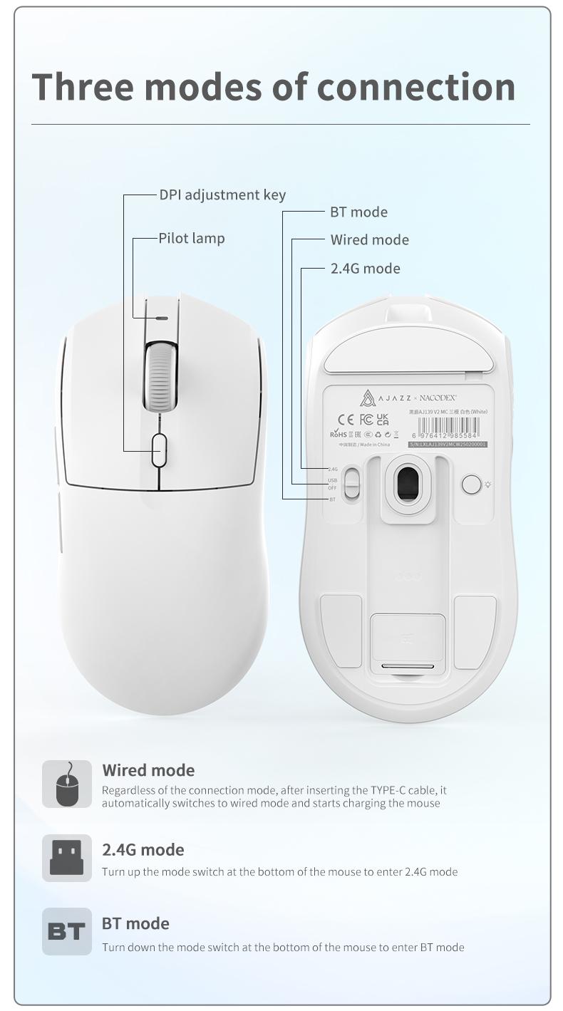 AJAZZ AJ139V2 MC RGB Wireless Mouse PAW3311 sensor low latency three-mode connection wireless charging base suitable for e-sports games and office lightweight 66g 1K return rate 500 mAh battery boys gaming mouse girls gift