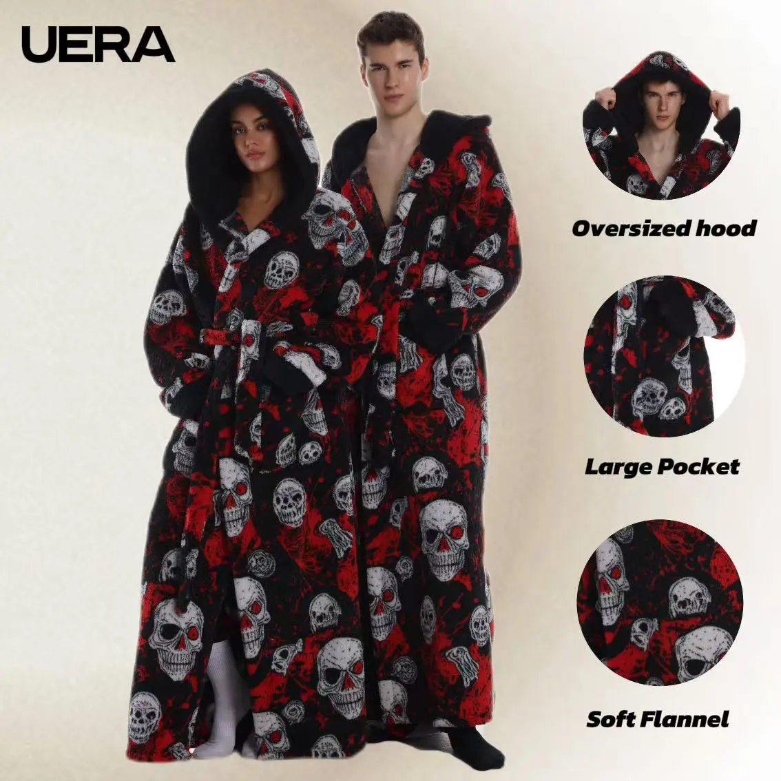 1pc Skull Print Flannel Bathrobe, Plus Size with Hat and Belt, Unisex, Soft and Warm, Perfect Gift