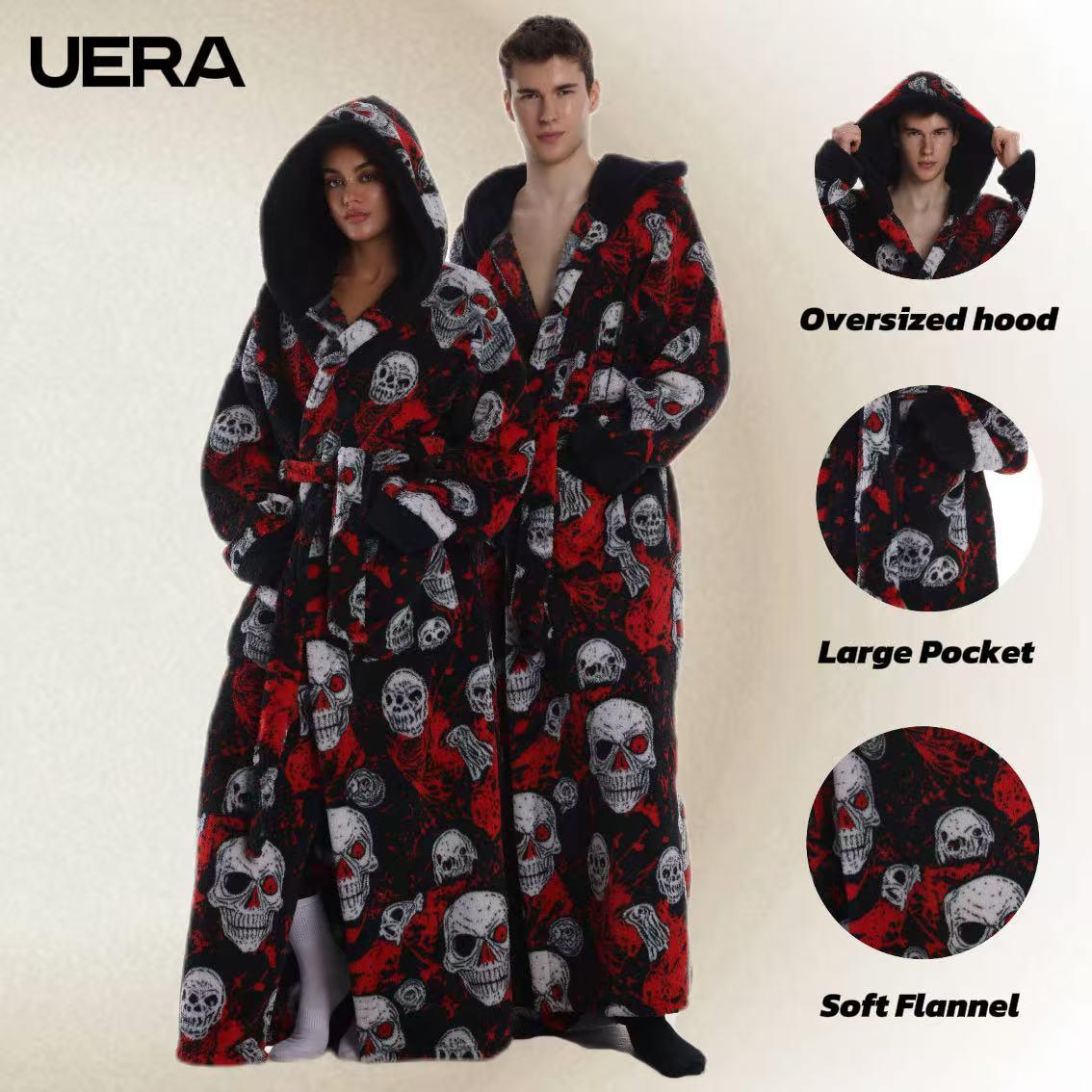1pc Skull Print Flannel Bathrobe, Plus Size with Hat and Belt, Unisex, Soft and Warm, Perfect Gift