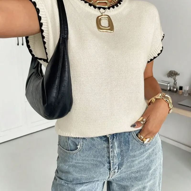 Women's Colorblock Knit Sweater, Casual Fall & Spring Fashion, Ribbed Design, Perfect for Daily Wear, Business & Leisure, Tops