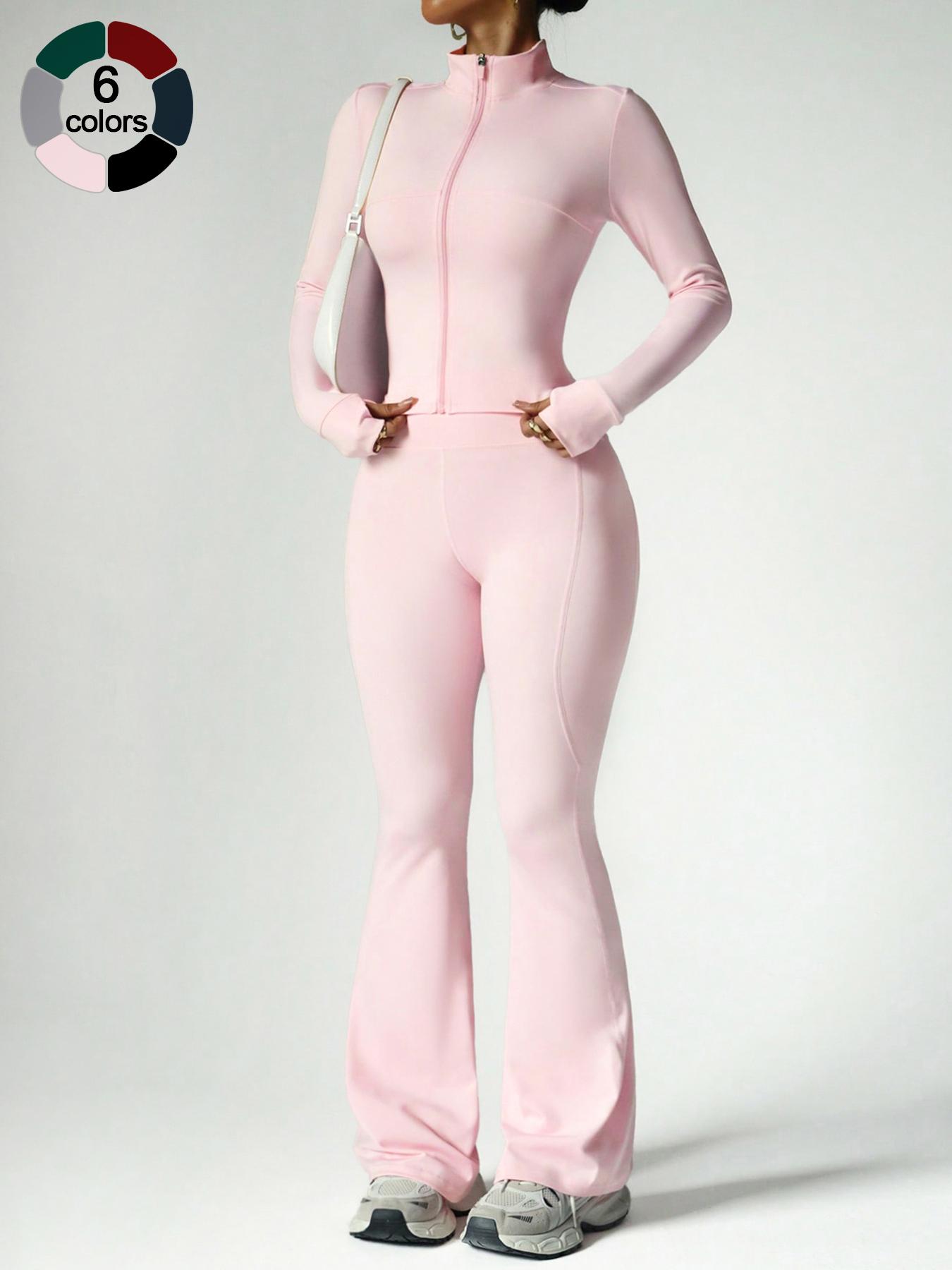 Women's 2-Piece Solid Color Set Long Sleeve Stand Collar Jacket with Thumb Holes, Breathable Yoga Athleisure Wear Set for Gym Outdoor Running Sweatsuit Set