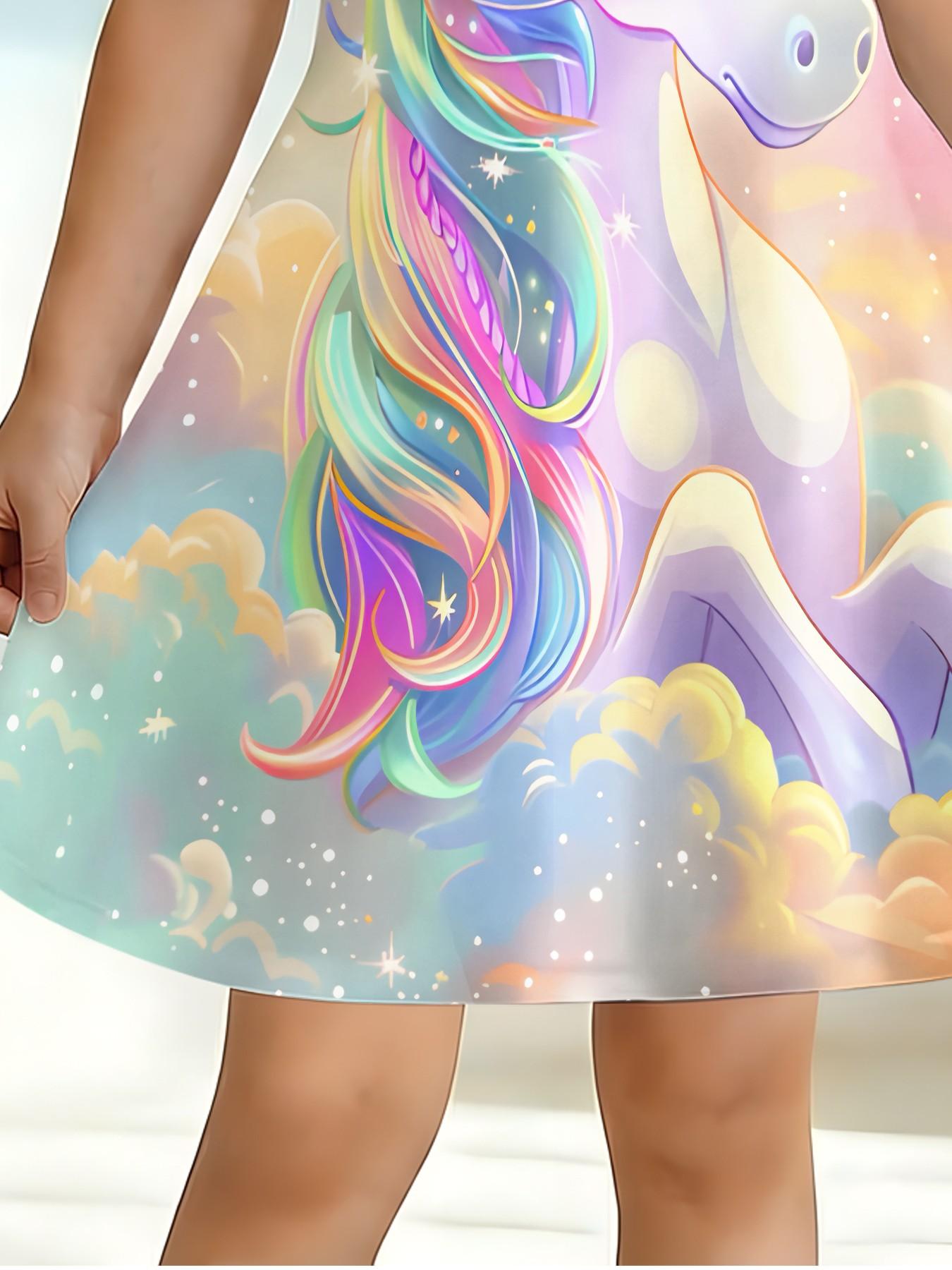 Girls' Rainbow Unicorn Dress, Summer Short Sleeve Cartoon Print, Knee-Length A-Line Princess Dress, Casual Fitted Asymmetrical Design