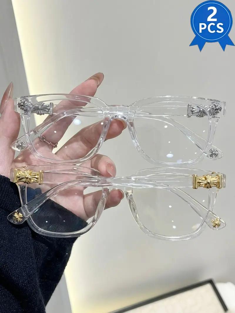 2 PCS Fashion Square Frame Blue Light Glasses, Cross Flower Rivet Design, Ultra-Light Frame, Retro Street Style, Unisex Computer Phone Eyeglasses, Fashionable Frames Glasses