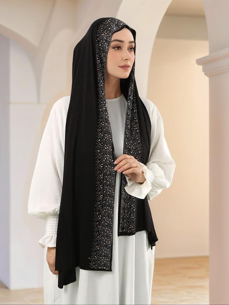 Women's Elegant Rhinestone Handmade Water Drill Headscarf Scarf, Soft Breathable Knitted Jersey Hijab Shawl Cap, All-Season Fashion Accessory