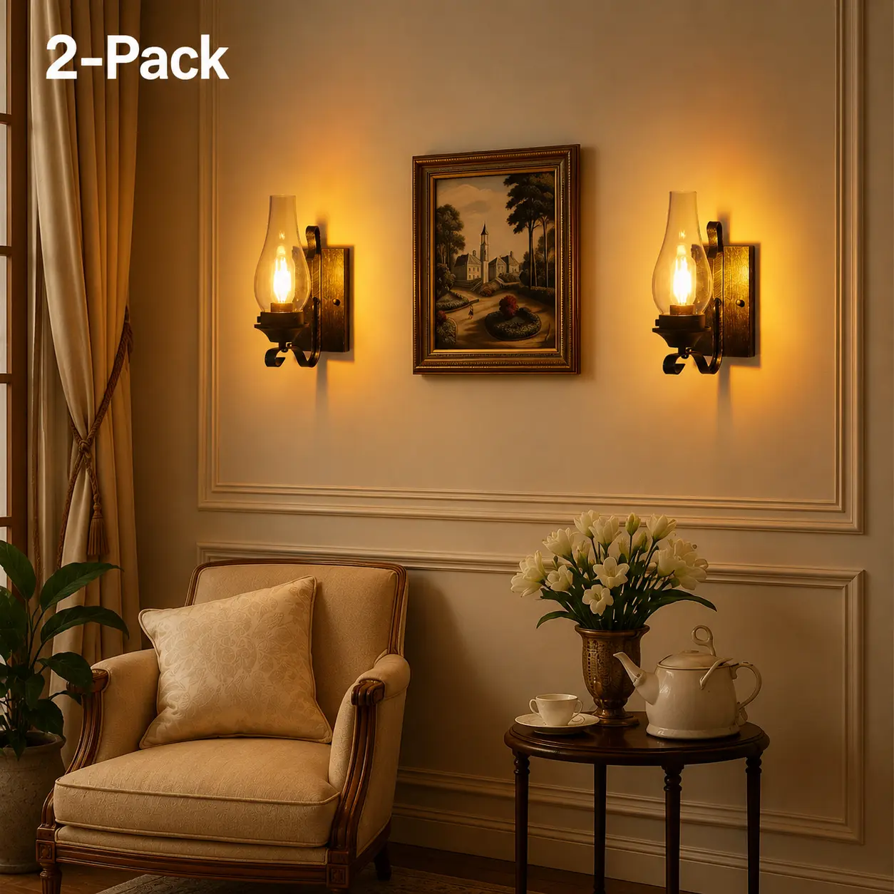 Vintage Farmhouse Wall Sconces Set of 2, Rustic Black and Gold Wall Light with Clear Glass Shade, Industrial Bedroom Living Room Hallway Lighting (Bulb Not Included) Rechargeable Wireless night