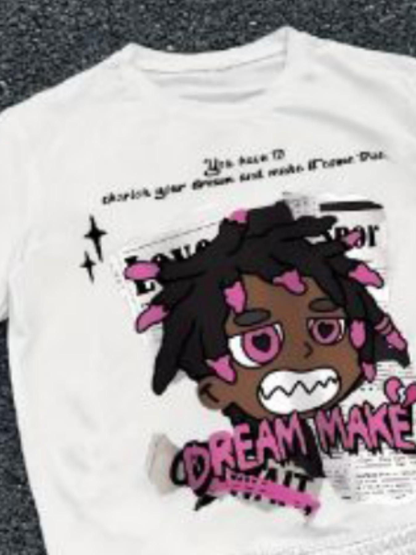 Summer Breathable Two-Piece Set, Cartoon Pattern Round Neck T-Shirt and Drawstring Shorts, Ideal for Outdoor Activities and Backpack Travel