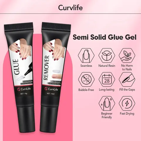 Newly Upgraded 10G Quick-Drying Semi-Solid Nail Glue with 10ML Remover, Long Lasting Adhesive Gel for Press-On Nails, Acrylic Tips and Nail Extension, Salon Quality Nail Kits, Easy Application, No UV Lamp Needed for Home and Salon Use, Nail Art Products