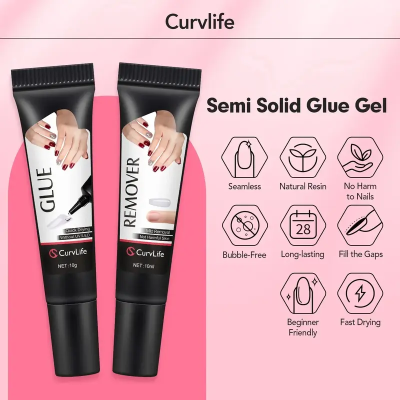 Newly Upgraded 10G Quick-Drying Semi-Solid Nail Glue with 10ML Remover, Long Lasting Adhesive Gel for Press-On Nails, Acrylic Tips and Nail Extension, Salon Quality Nail Kits, Easy Application, No UV Lamp Needed for Home and Salon Use, Nail Art Products