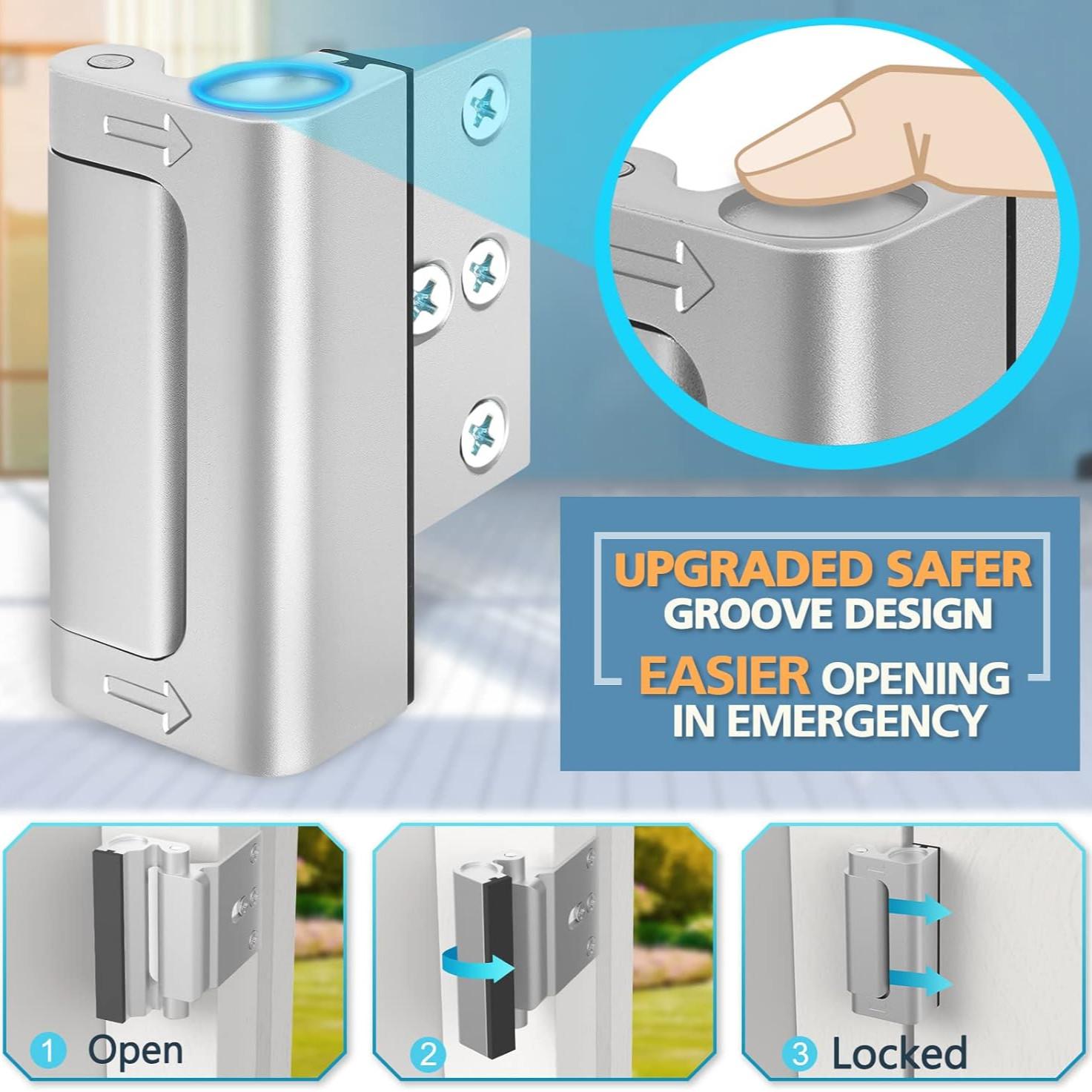 Home Safety Door Reinforcement Lock, Child Safety Lock for Inner Opening Front Door, 800 Lbs Pull Force, Bedroom Use, 8 Screws Included