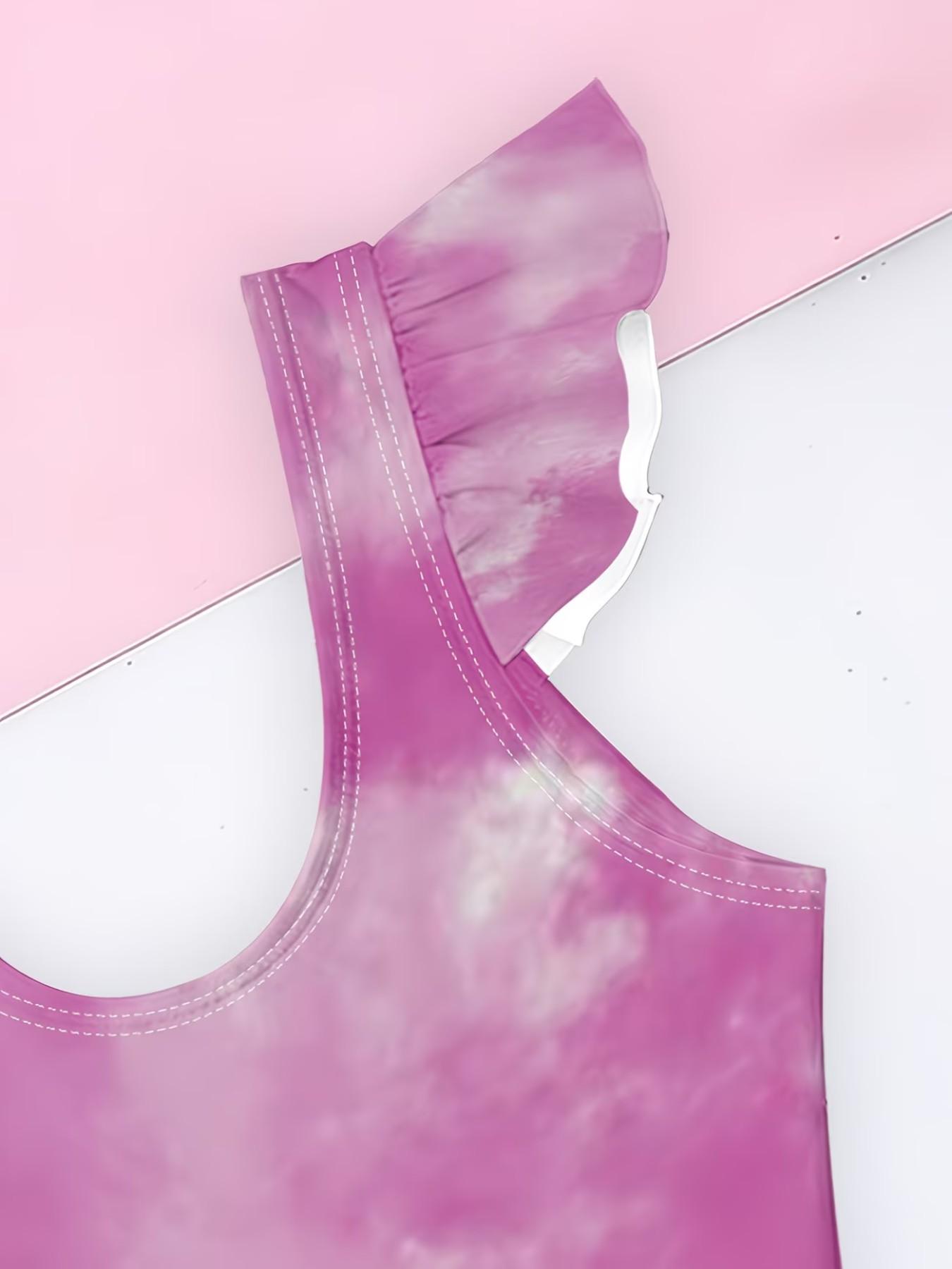 Fun 67 Print Girls' Jumpsuit Swimsuit, Cute Cartoon Print, Ruffle Quick-Dry Kids Swimwear, Fashion Swimsuit, Beach Party