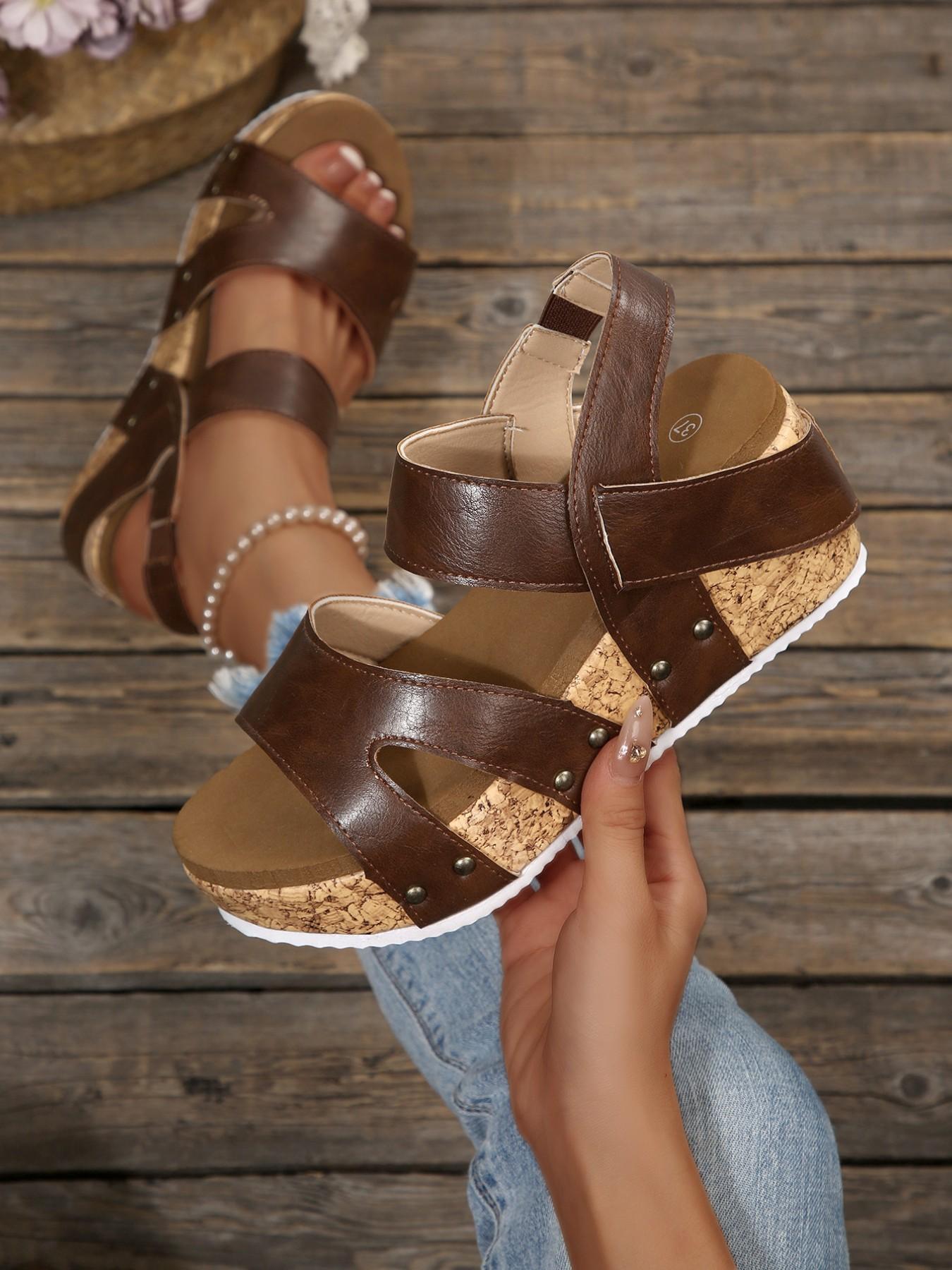 Women's Summer Wedge Sandals, Cork Sole Rivet Thick Bottom Shoes, Beach Vacation Versatile Heel Boosters, Comfortable and Stylish Footwear