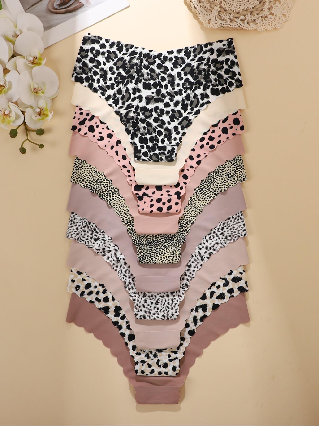 Women's Leopard Print & Solid Color Panties, Comfortable Seamless Fitted Briefs, V-Shaped Pull-Up Waistband, Floral Pattern