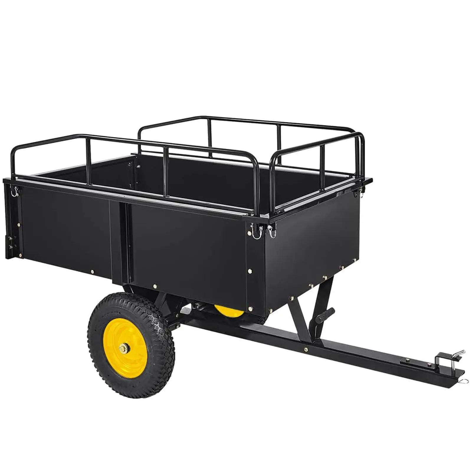 750 lb Heavy Duty Dump Cart with Extra-Tall Sides – 17 Cu Ft Steel Utility Trailer, Black Frame with Yellow Spoke Wheels, Removable Panels for Lawn Tractor & ATV
