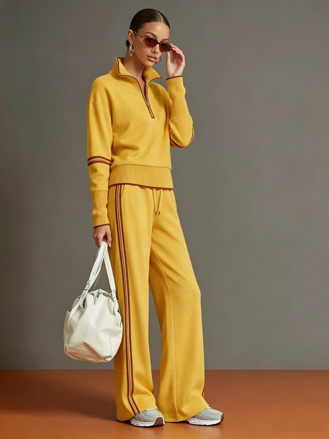 2026 New Casual Sports Set, European and American Fashion Style, Colorblock Stand Collar Sweatshirt, Wide Leg Pants Two Piece Set