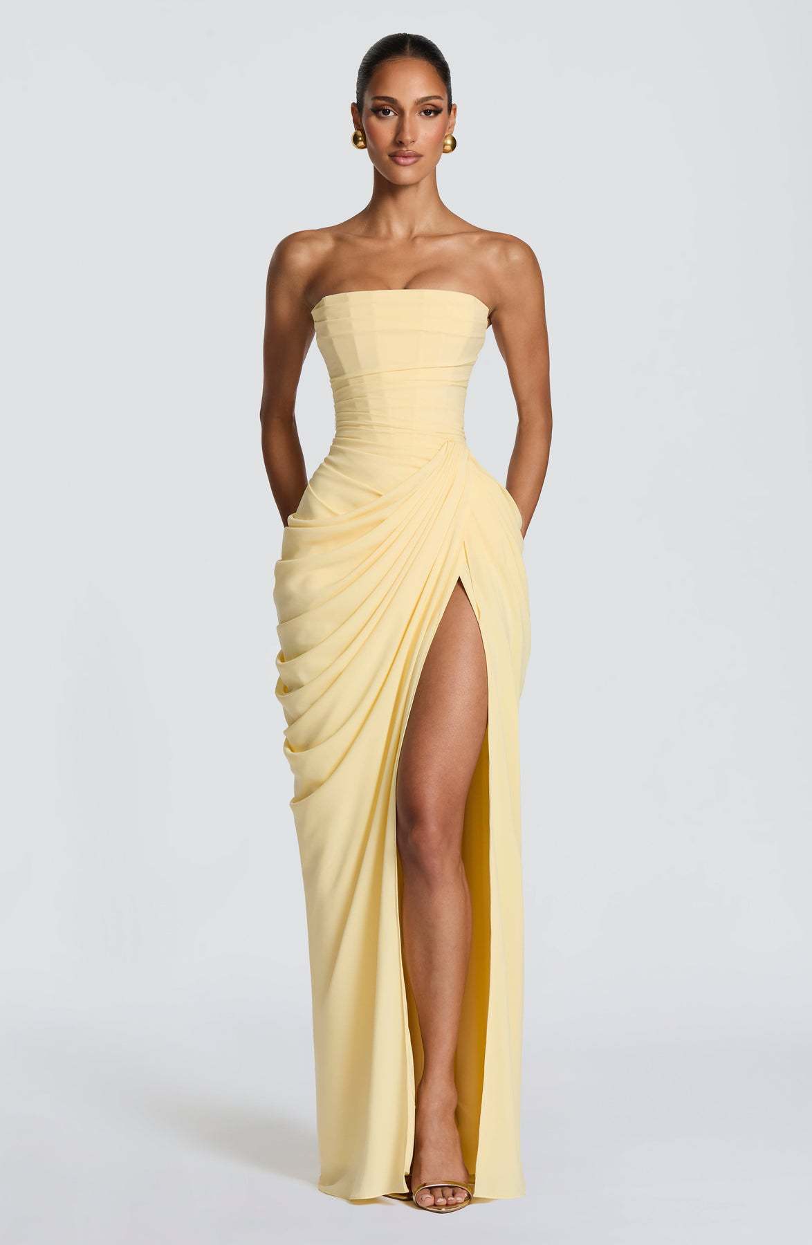 2026 European and American New Style Asymmetrical Pleated Sexy High-Slit French Romantic Strapless Pleated Slit Dress