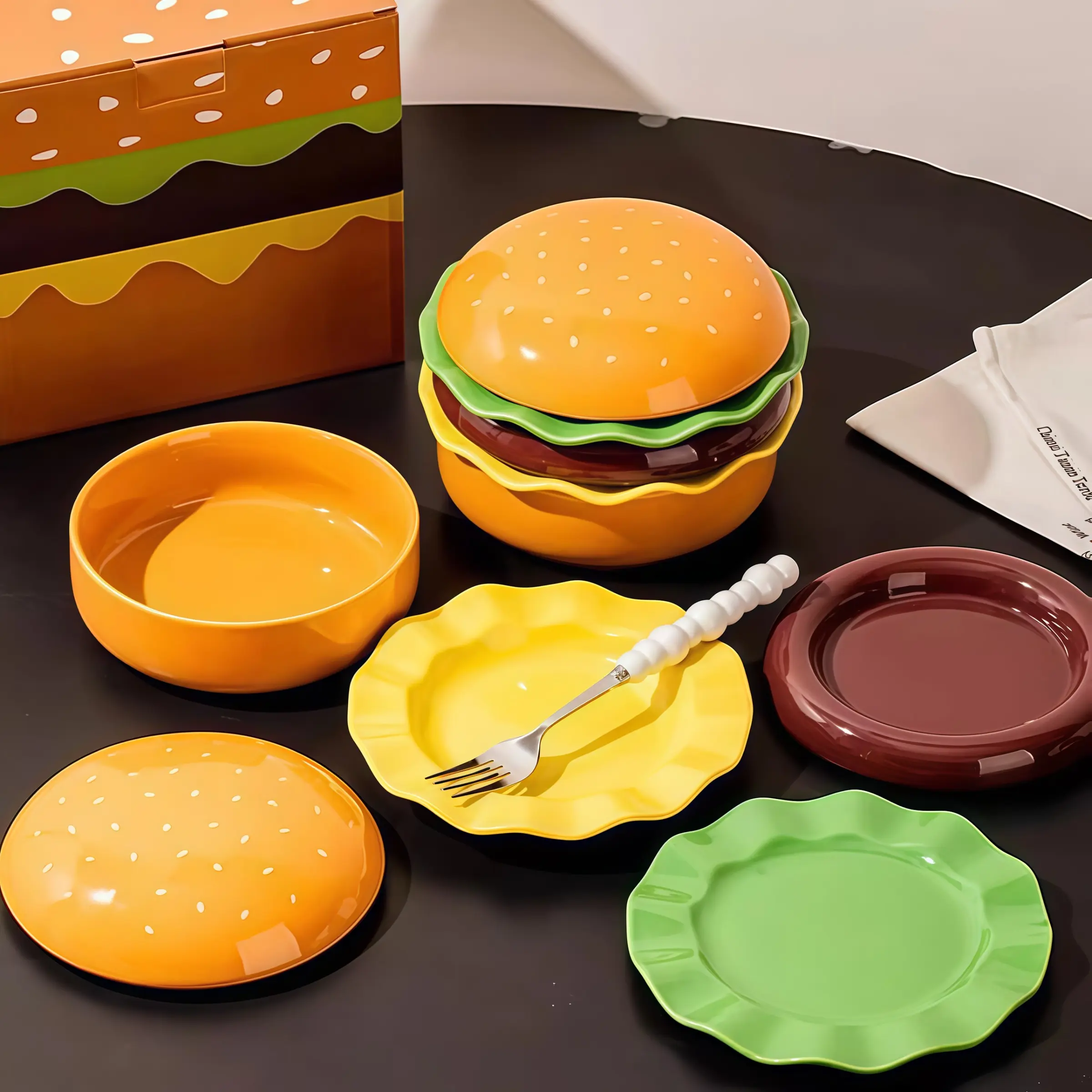 Stackable Seven-Layer Burger Plate, Stackable Bone-In Grill Plate, Fun Sauce Container, Table Decor, Non-Bone China Plates