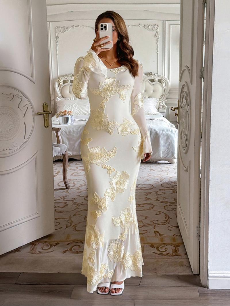 Elegant Floral Pattern Long Sleeve Slim Fit Bodycon Dress, Elegant Romantic Dress, Casual Fall Fashion, Women's Long Sleeve Dress, Stylish and Comfortable