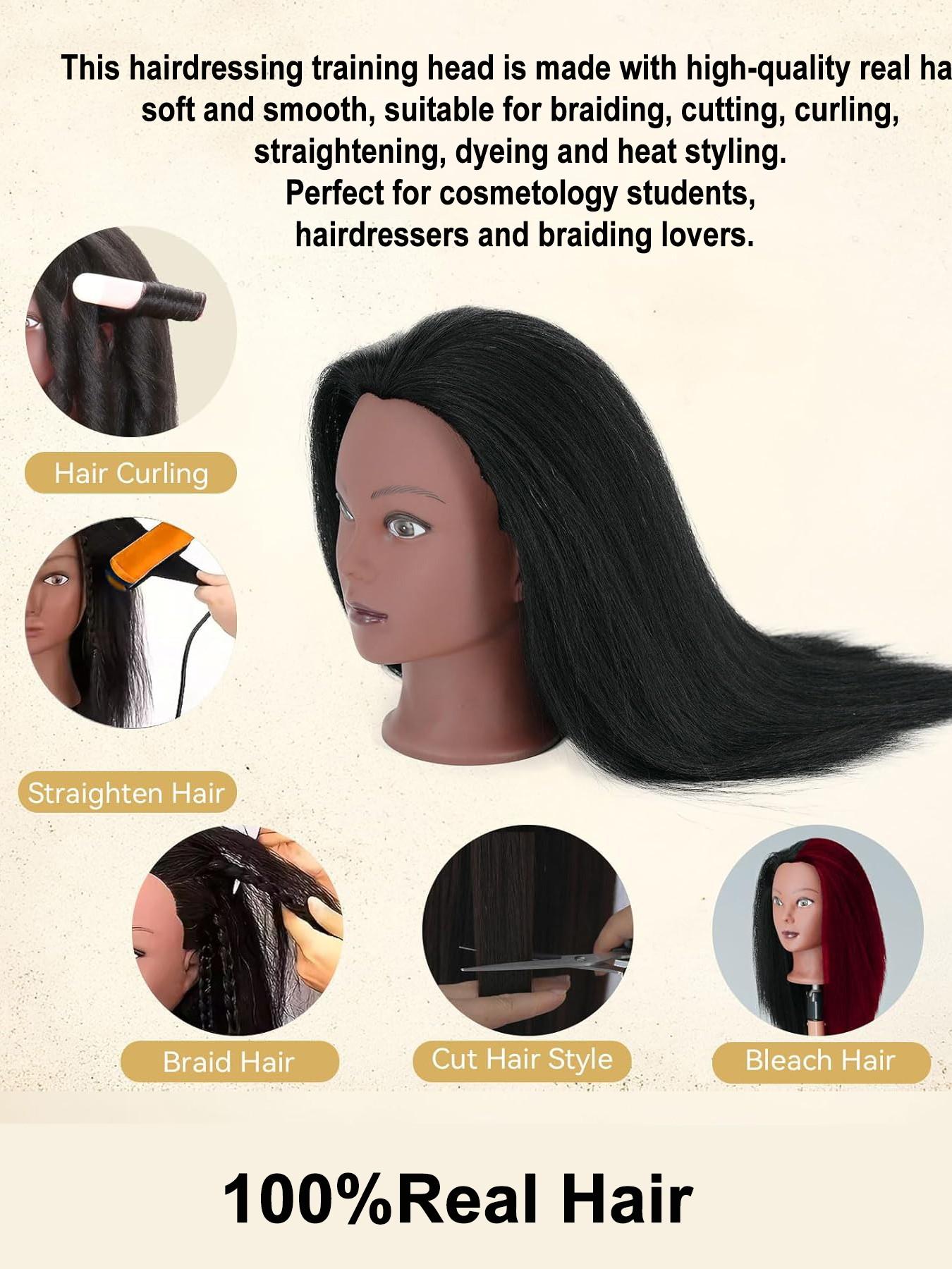 16 Inch 100% Real Hair Mannequin Head, Training Head Manikin for Cosmetology, Hairdresser Practice, Braiding & Styling with Clamp Stand