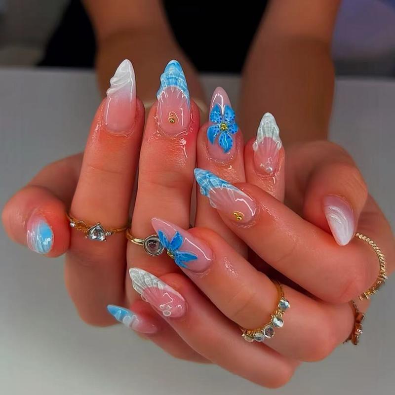 24pcs Almond Press-On Nails, Glossy Blue Gradient Design, Starfish Shell Flower Decorations, Easy Apply Nail Art Set for Women & Girls Gift 24pcs Almond Press-On Nails, Glossy Blue Gradient Design, Starfish Shell Flower Decorations, Easy Apply Nail Art Set for Women & Girls Gift
