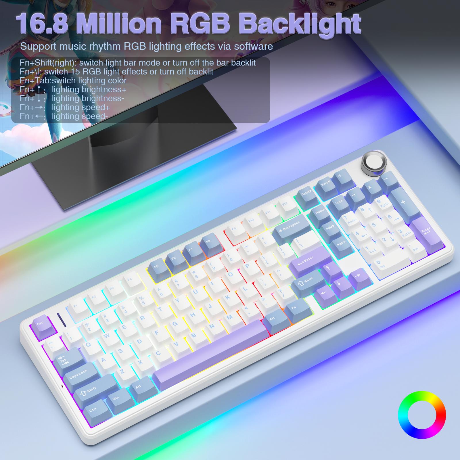 AULA F99 Pro Wireless Mechanical Keyboard with Knob,Tri-Mode BT5.0/USB-C/2.4GHz Hot Swappable Keyboard,Pre-lubed Switches,Gasket Structure,RGB Backlit Computer Gaming Keyboard (White&Blue&Purple)   college school supplies TikTokShopfalldealsforyou