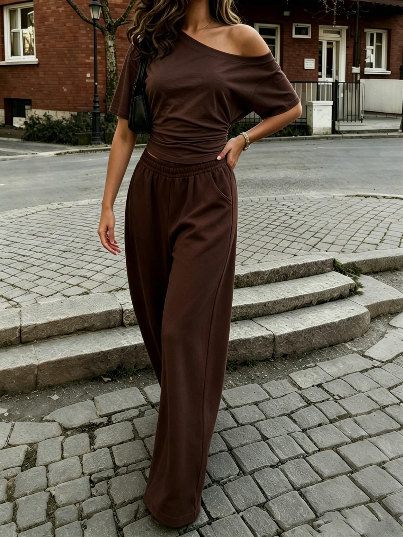 Women's Two-Piece Set, Casual Everyday Summer, Basic Solid Plain Minimalist Slim-Fit T-Shirt and Long Pants, Mid-Waist, Short Sleeve, All Seasons, Womenswear Top, Clothes, Bottom