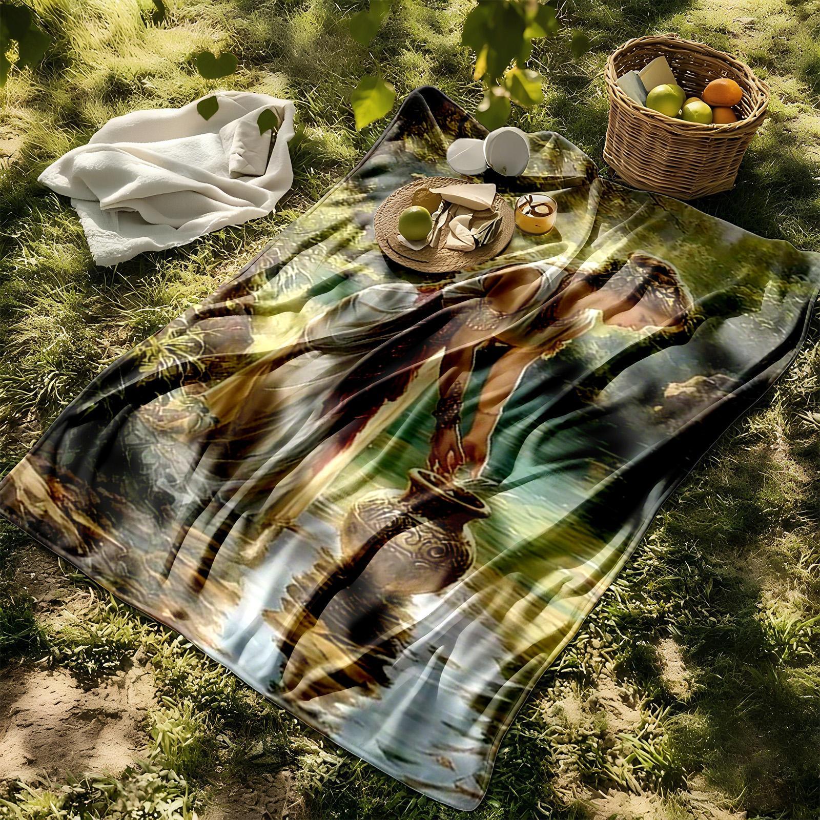1 piece Classical style woman drawing water by the stream oil painting themed flannel blanket - Oversized fluffy flannel sofa blanket, suitable for beds and sofas, modern design, all-season use, digitally printed pattern, 100% polyester material