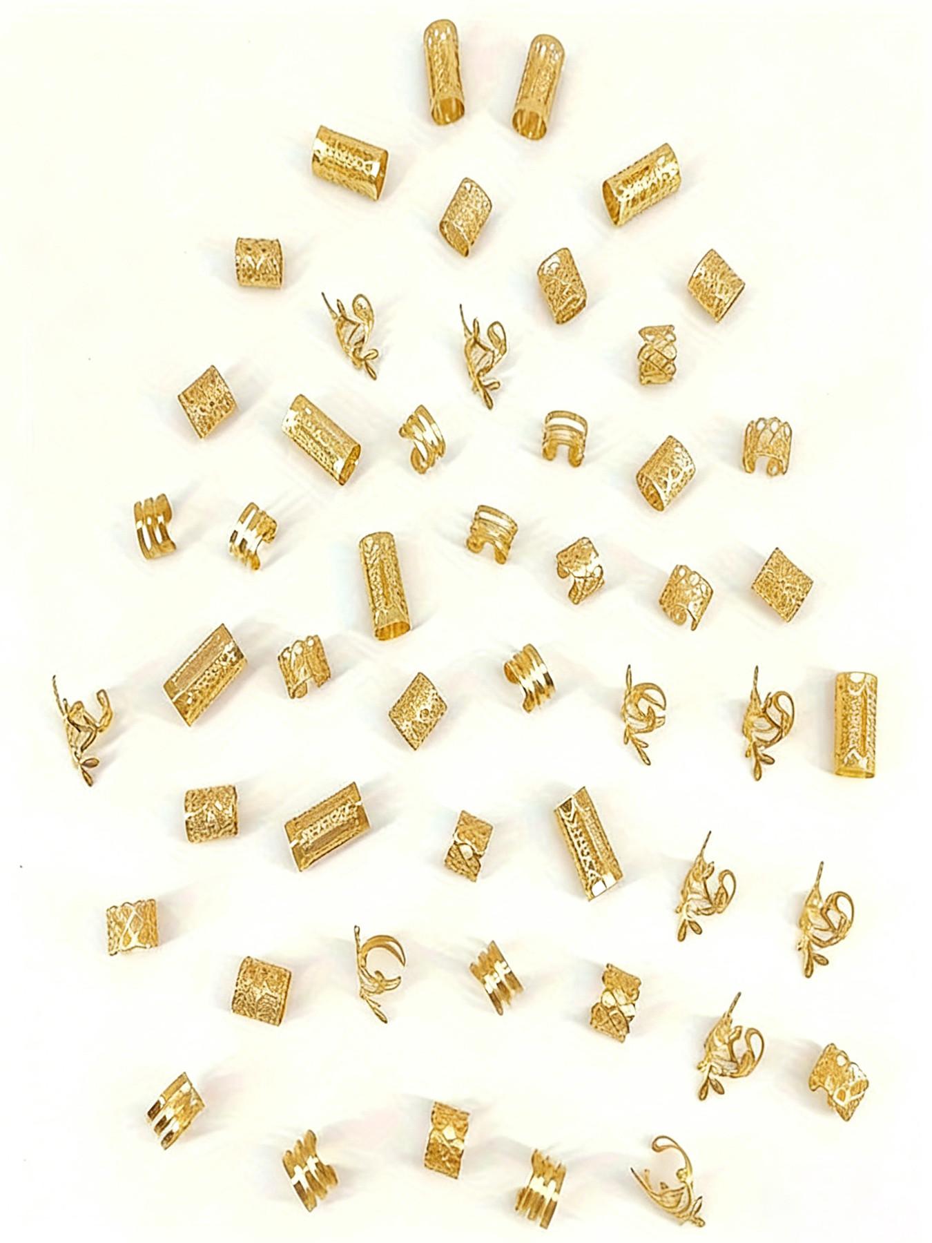 50 Pcs Boho Style Hair Rings Set, Vintage Alloy Hair Bands, Hollow Round Women's Headwear, Elegant Solid Color Braided Hair Accessories