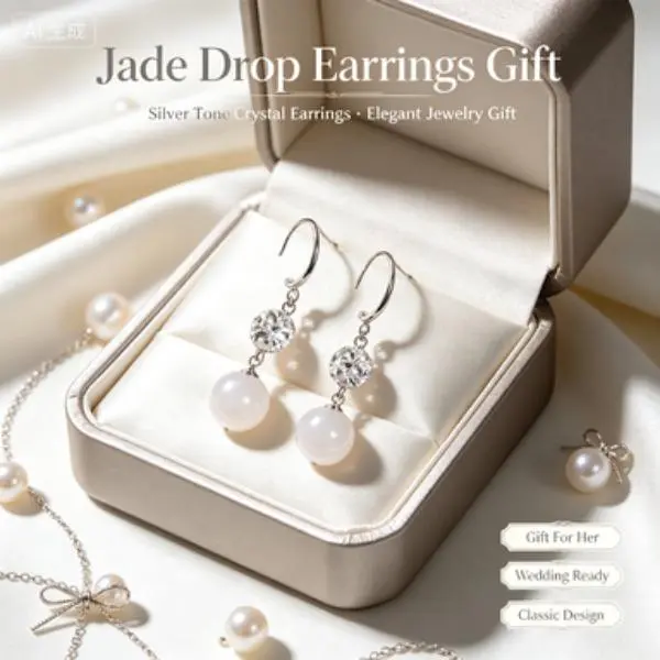 Women's Silver-Tone Hook Closure White Jade Round Bead Dangle Earrings with Shiny Crystal Accents, Elegant Vintage Costume Jewelry for Wedding Party, Daily Wear